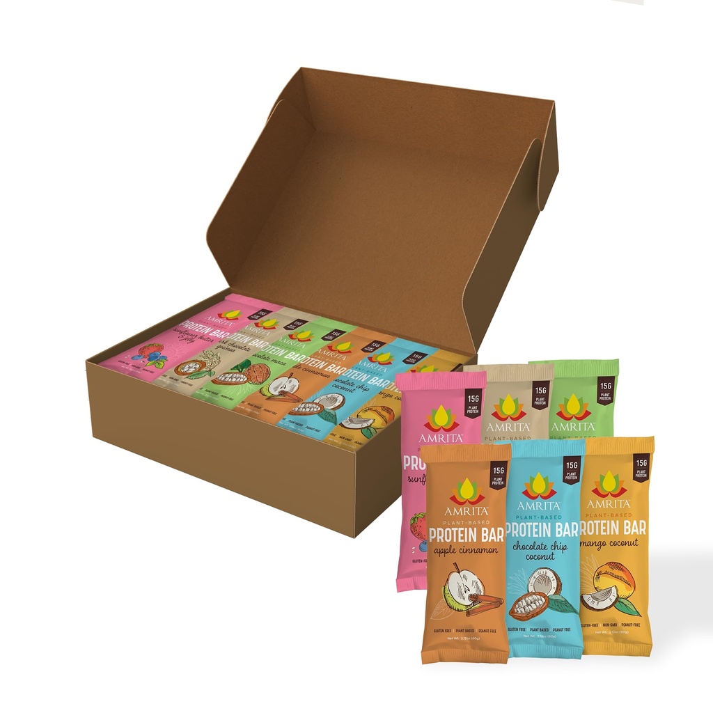 Amrita Nut Free Vegan Protein Bars Variety Pack (12 Bars, 6 Flavors) | 12g Plant Based Protein Bars | Peanut Free, Gluten Free, Dairy Free | Soy Free, Non-GMO | Low Sugar High Fiber