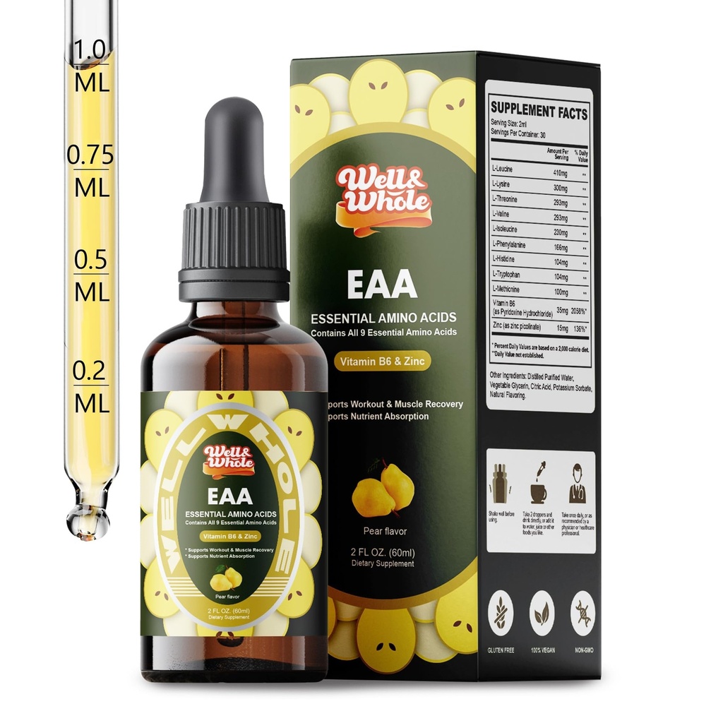 Essential Amino Acid (EAA) Liquid Drops & Liver Support Liquid Supplement | Complete Recovery Formula with Vitamin B6 & Zinc, Muscle & Liver Health, Immune Function, Non-GMO, Vegan-Friendly, 2 Fl Oz