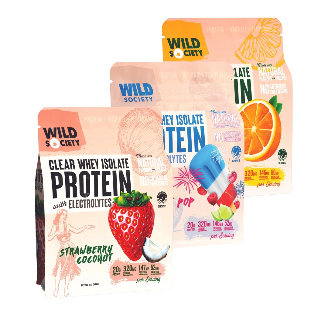 WILD SOCIETY - Top Flavor Multipack - Clear Whey Protein + Electrolytes - Refreshing Whey Protein Isolate Powder - 20g Protein, 0 Added Sugar, GMO-Free, Natural Flavors & Colors