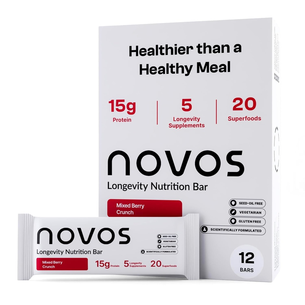 Novos Longevity Protein Bar | 15g Protein, 20 Superfoods, 5 Longevity Ingredients for Men & Women | Supports Skin, Mind & Mood | Mixed Berry Crunch (12-Pack)