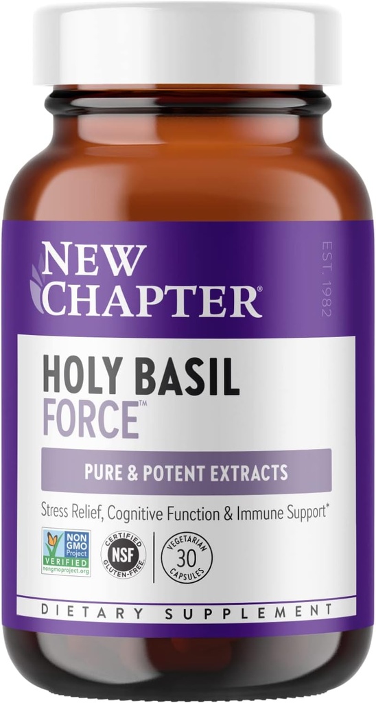 Nyt kapitel Stress Relief supplement - Holy Basil Force med Superkritisk Holy Basil for Stress Support + immunstøtte + non-GMO ingredienser - Vegetariske kapsler, 30 Greve