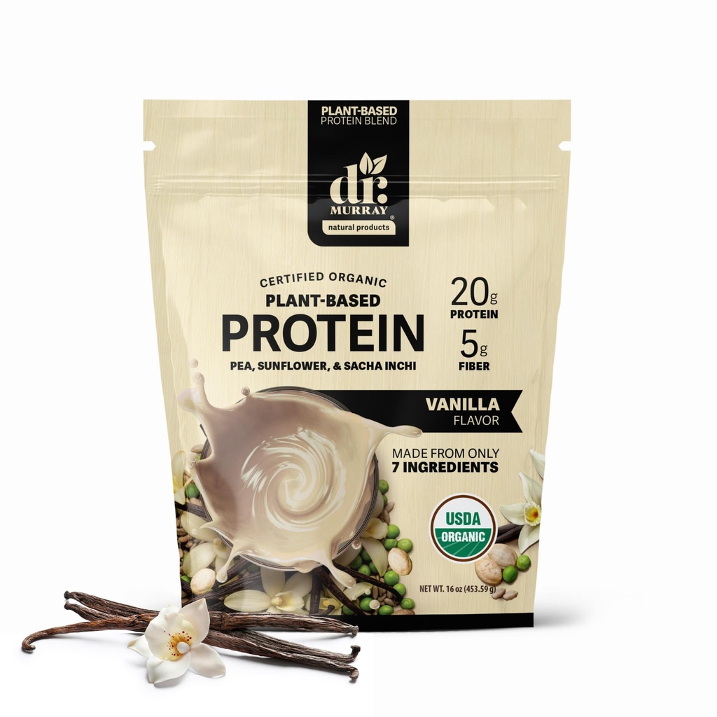 Dr. Murray's USDA Organic Plant Based Protein Powder | 20g Protein | 5g Fiber | Vegan & Keto | Gluten & Dairy Free | Low Carb | No Added Sugar | Vanilla, 1 lb.