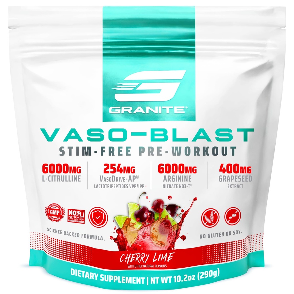 Granite Kosttilskud Vaso Blast, Cherry Lime Flavor, Stimulant- Free Pre Workout for Mænd & Kvinder med Drueseed Extract, Arginin Nitrit, & VasoDrive- AP for Max Pump (20 Servere)