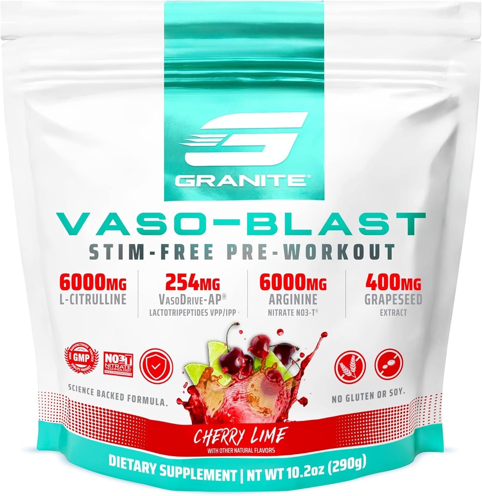 Granite Kosttilskud Vaso Blast, Cherry Lime Flavor, Stimulant- Free Pre Workout for Mænd & Kvinder med Drueseed Extract, Arginin Nitrit, & VasoDrive- AP for Max Pump (20 Servere)