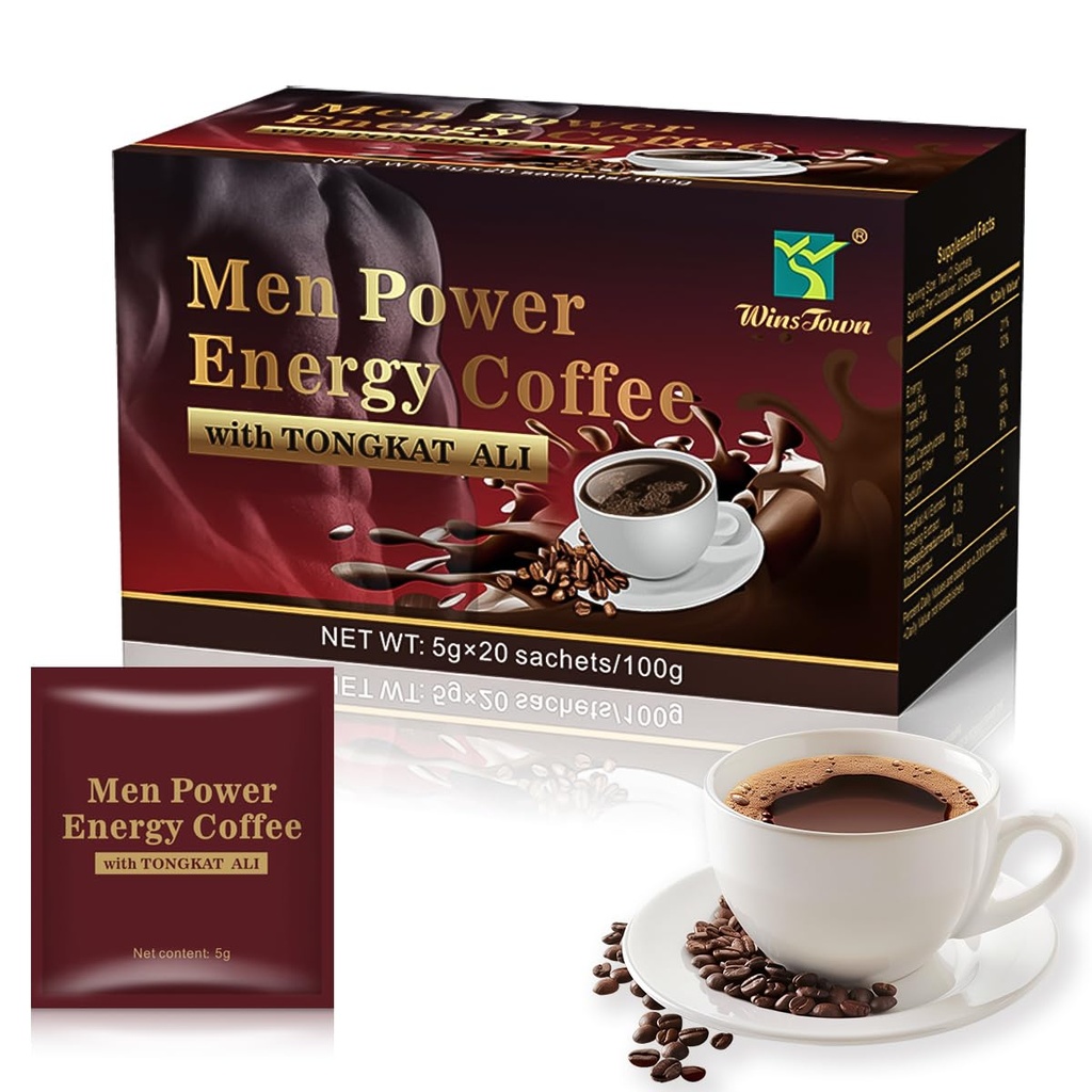 Men's Herbal Energy Coffee-Instant Black Coffee with Maca, Tongkat Ali, Epimedium&Ginseng–Boost Focus, Energy&Stamina–20 Sachets
