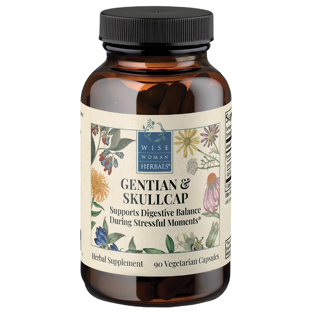 Wise Woman Herbals Gentian & Skullcap Digestion Support Supplement, Non-GMO, Bloating & Indigestion Relief, Supports GI Motility & Gut Comfort, Mood Balance, 90 Veg Caps