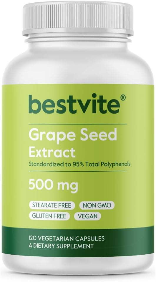 BESTVITE Grape Seed Extract 500mg (120 Vegetariske Kapsler) - Ingen Stearates - Standardiseret til 95% Polyphenoler