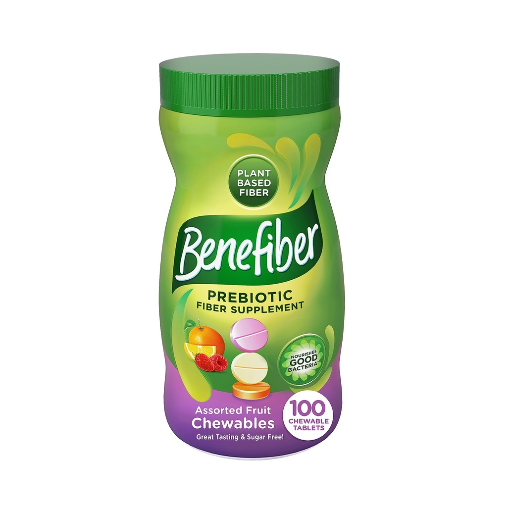 Benefiber Chewable Prebiotic GLP-1 Friendly Fiber Supplement Tablets for Digestive Health, Assorted Fruit Flavors - 100 Count (Pack of 12)