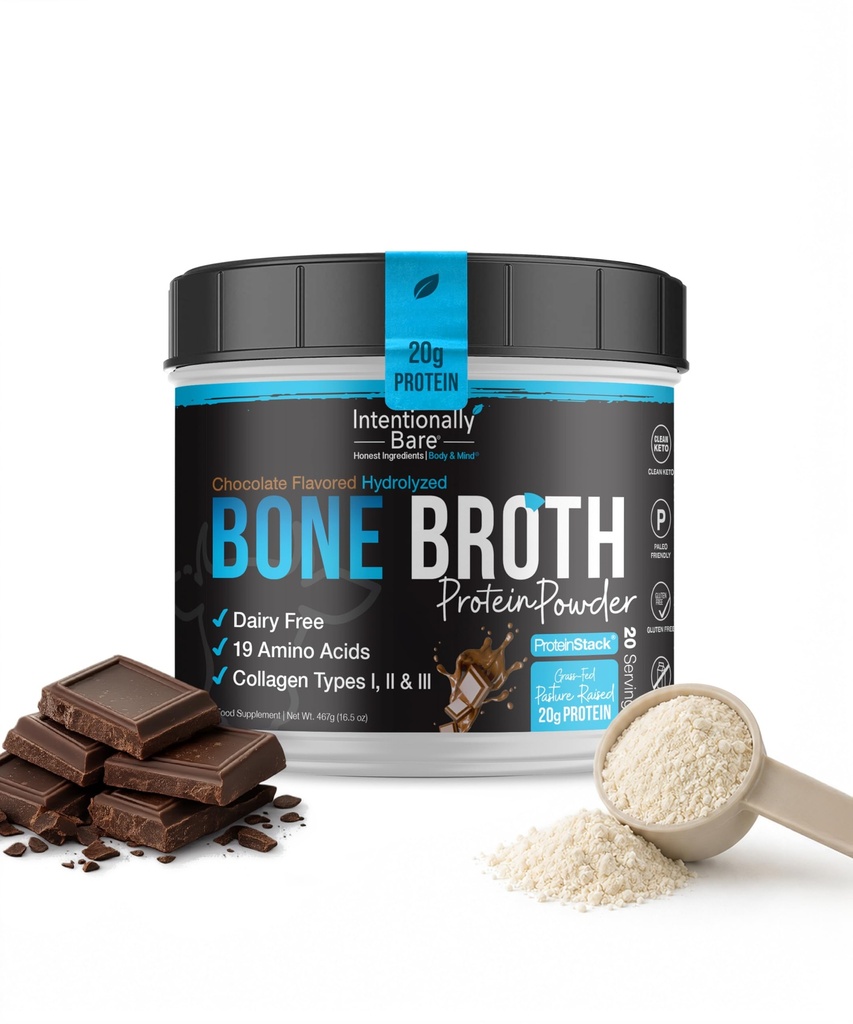Intentionally Bare Bone Broth Powder - Grass Fed Bone Broth Protein Powder - Collagen Peptides Type 1, 2 & 3 - Dairy Free Hydrolyzed Collagen for Skin, Hair, Gut & Joints – Chocolate - 20 Servings