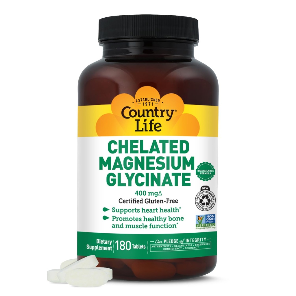 Country Life Chelated Magnesium Glycinate 400mg - High Absorption Magnesium supplement til muskelafslapning, energi, ben & immunforsvar - Glutenfri, Vegan, Halal, Non- GMO Verified - 180 tabletter