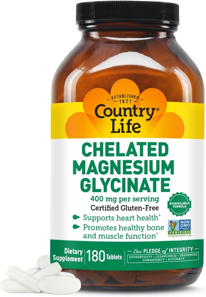 Country Life Chelated Magnesium Glycinate 400mg - High Absorption Magnesium supplement til muskelafslapning, energi, ben & immunforsvar - Glutenfri, Vegan, Halal, Non- GMO Verified - 180 tabletter