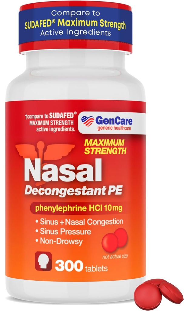 GenCare - Nasal Decongestant (10mg tabletter) Phenylephrin HCl (300 tabletter per flaske)