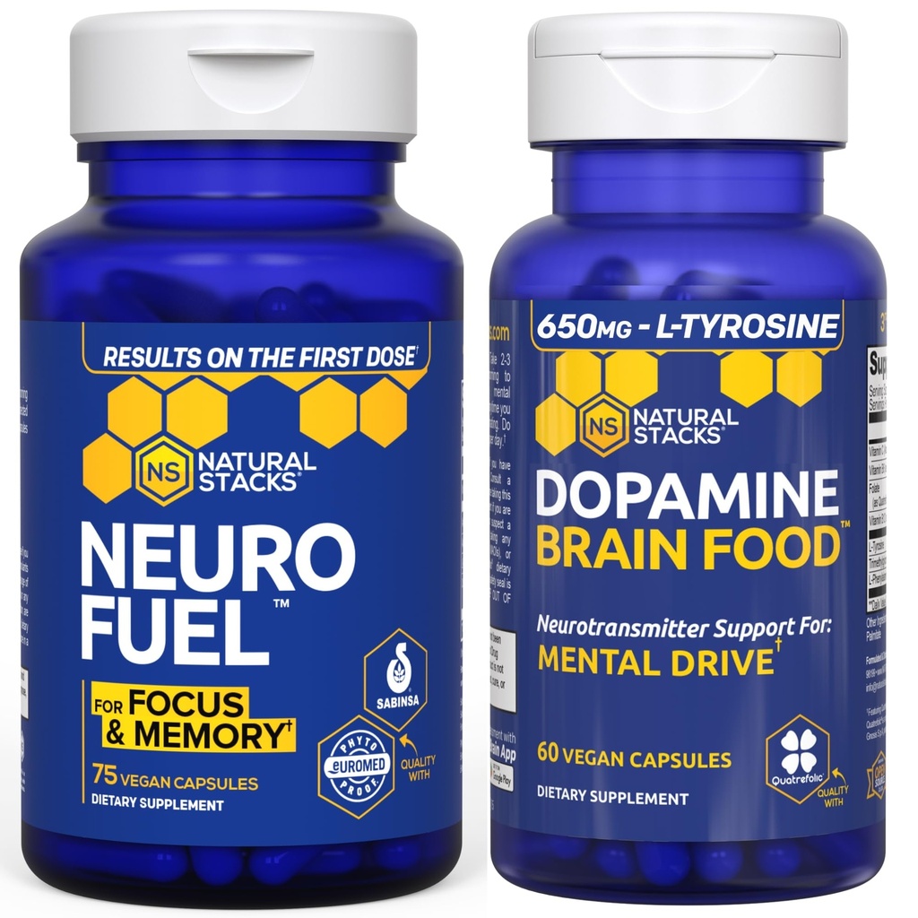 NATURLIGE STAKKER NeuroFuel Nootrop + Dopamin Brain Food Bundle - understøtter hukommelse, motivation og fokus * - 135 Total kapsler