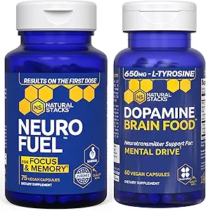 NATURLIGE STAKKER NeuroFuel Nootrop + Dopamin Brain Food Bundle - understøtter hukommelse, motivation og fokus * - 135 Total kapsler