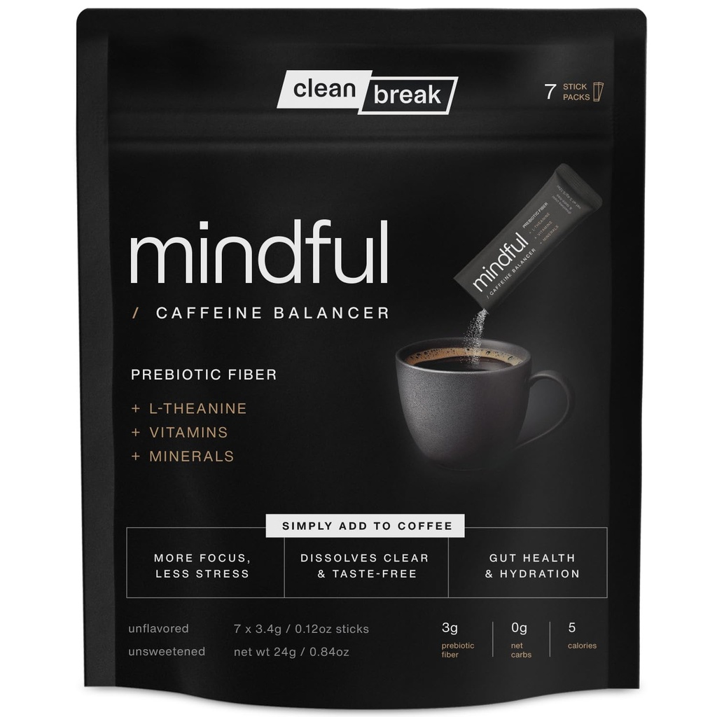 Mindful Tasteless Prebiotic Fiber for Your Coffee - Enhanced with L-Theanine, Magnesium, B Vitamins - Dissolves Clear & Taste-Free - Unflavored, Unsweetened (7 Count)