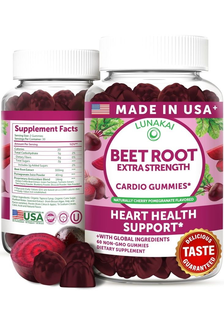 Lunakai USA Made Beet Root Gummies with Antioxidant Blend - Lækker non-GMO Beet Chews, 60ct