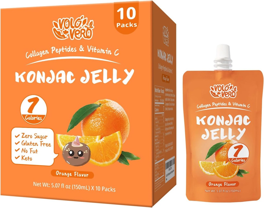 Konjac Jelly Pouch Drinkable Orange Flavor, Low Calories (7 Kcal), 10 pakker, Gluten Free, Keto, Sugar Free, Low Carb, C-vitamin Sund Frugtsnacks, Feriegave