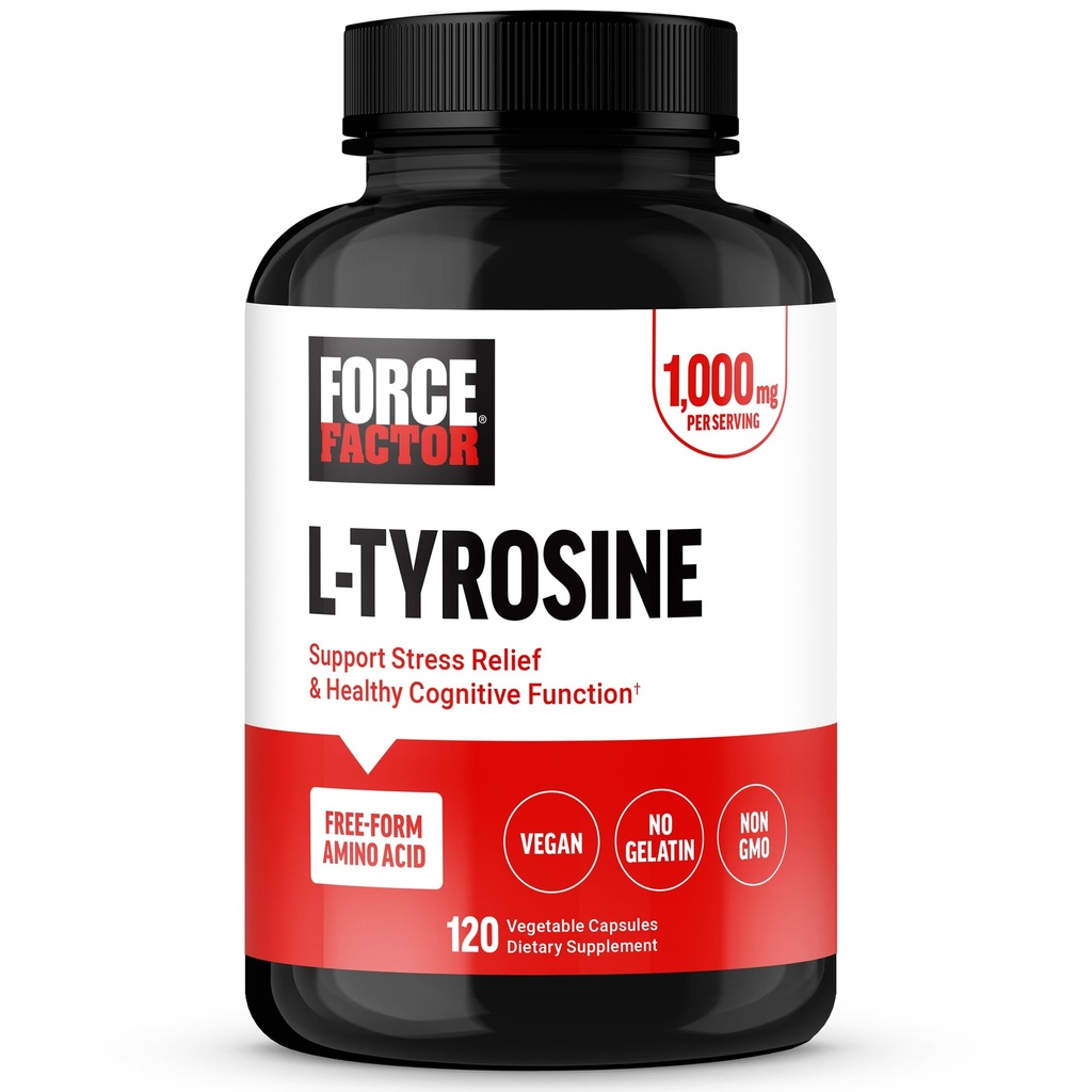 FORCE FACTOR L Tyrosine Stress Relief Supplement, L- Tyrosine Brain Health Kosttilskud til voksne, L- Tyrosine 500 mg kapsler, fri form, Vegan, Ingen Gelatine, Non- GMO, 120 kapsler