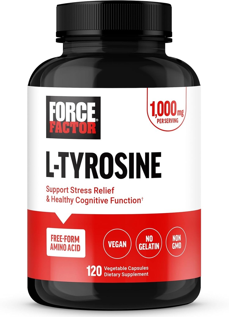 FORCE FACTOR L Tyrosine Stress Relief Supplement, L- Tyrosine Brain Health Kosttilskud til voksne, L- Tyrosine 500 mg kapsler, fri form, Vegan, Ingen Gelatine, Non- GMO, 120 kapsler