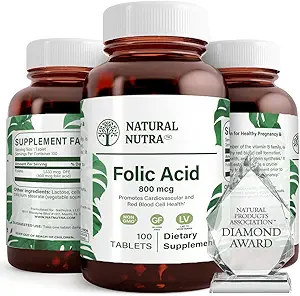 Naturlig Nutra folinsyre Folate Vitamin B9 tillæg, Prenatal Vitamin til hjerte og hjerte-kar-sundhed, dannelse af røde blodlegemer, vegetar og gluten Gratis kosttilskud, 800 mcg, 100 tabletter