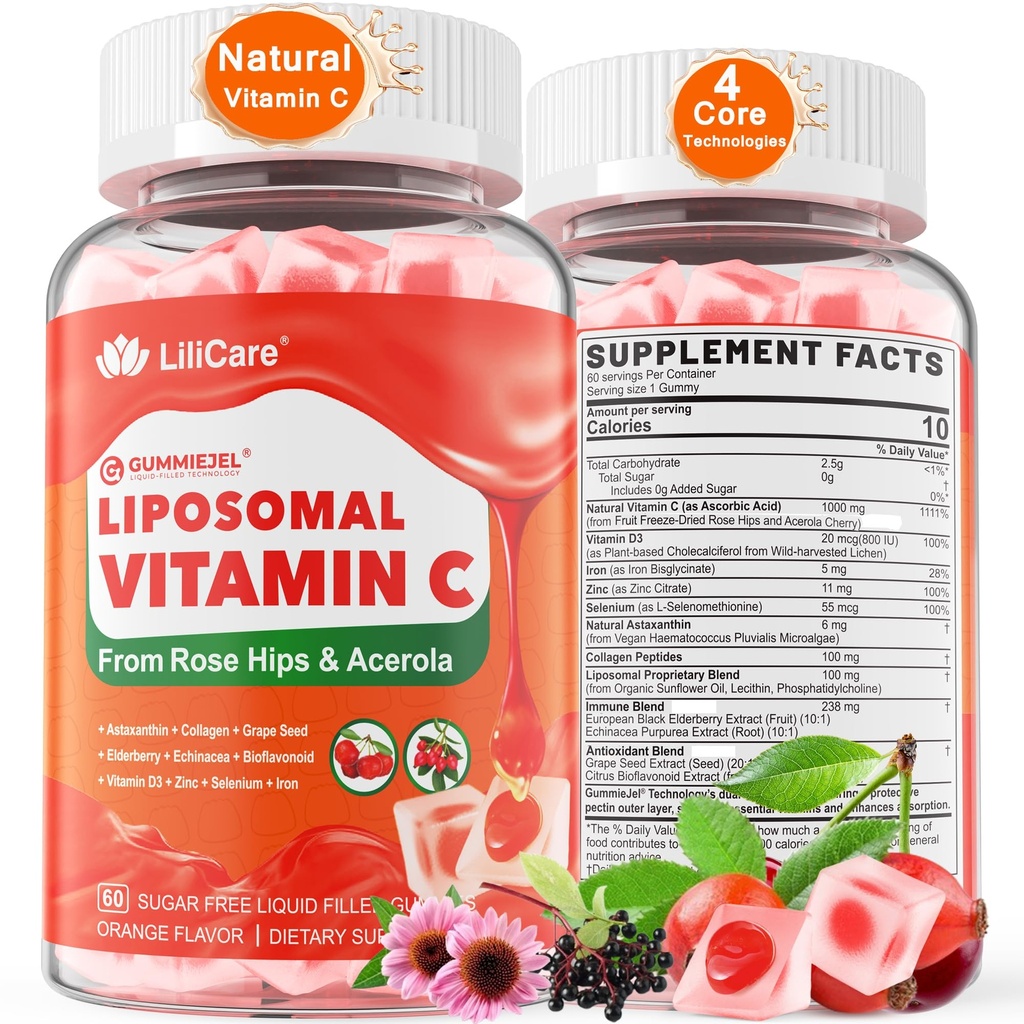 Naturlig Liposomal Vitamin C 1000mg Gummies til voksne børn 9 +, 1660mg Chewable Vitamin C w / 11mg Zink, D3, Elderberry, Echinacea, Bioflavonoid, immunforsvar - Organic VIT C fra frugter, sukker fri