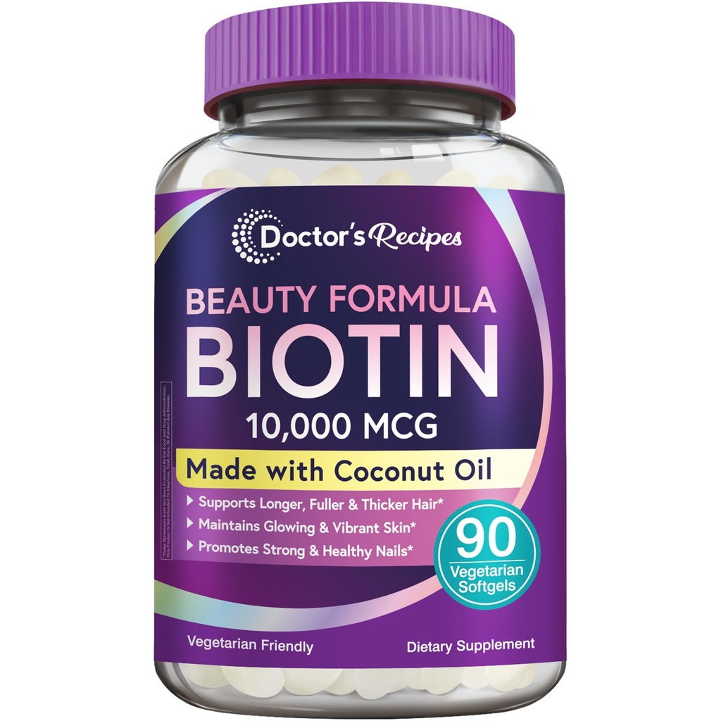 Lægens opskrifter Biotin 10.000 mcg, hårvækst, sund hud & negle, energi Metabolisme, Vegetarian-Friendly Biotin, med kokos olie, non-GMO, 3 måneder forsyning, 90 Vegetariske bløddele