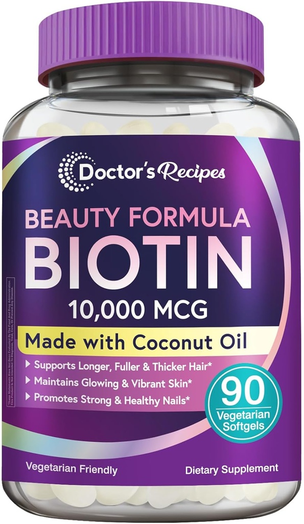 Lægens opskrifter Biotin 10.000 mcg, hårvækst, sund hud & negle, energi Metabolisme, Vegetarian-Friendly Biotin, med kokos olie, non-GMO, 3 måneder forsyning, 90 Vegetariske bløddele