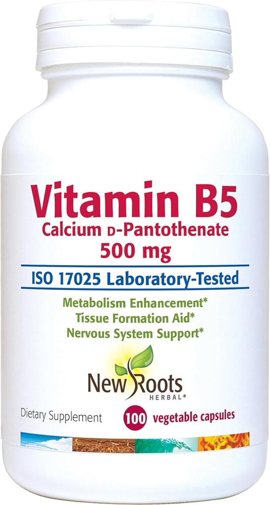 NY ROOTS HERBAL Vitamin B5 (500mg) med Calciumstearat 124; vitamin B5 Pantothensyre supplement (100 kapsler)