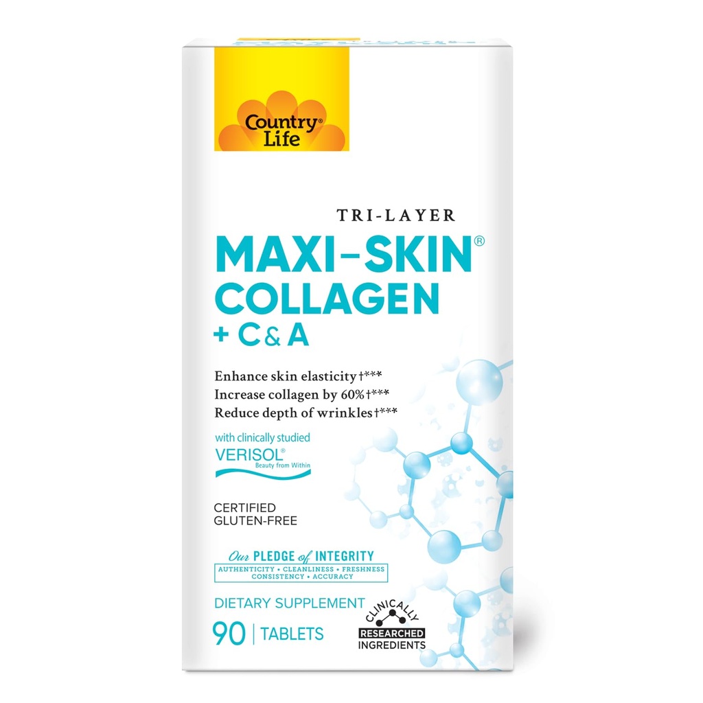 Country Life Verisol Collagen Peplets - Reducer dybde af W [KB2] rinkler & forbedre hud elasticitet- 90 tabletter - Inkluderer vitamin A & C - Collagen pulver til kvinder & mænd - Boost Skin collagen med 60%