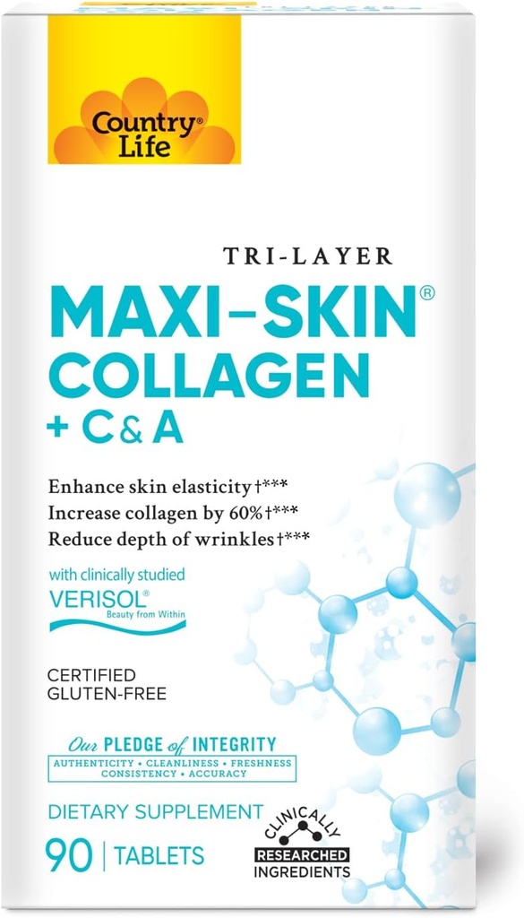 Country Life Verisol Collagen Peplets - Reducer dybde af W [KB2] rinkler & forbedre hud elasticitet- 90 tabletter - Inkluderer vitamin A & C - Collagen pulver til kvinder & mænd - Boost Skin collagen med 60%