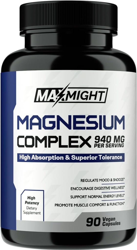 Magnesiumkompleks, 210 mg Elemental Magnesium, Glycinat, Citrate & Malate, Non- GMO, Max Absorption, Muscle, Mood, Energy, 90 Vegankapsler