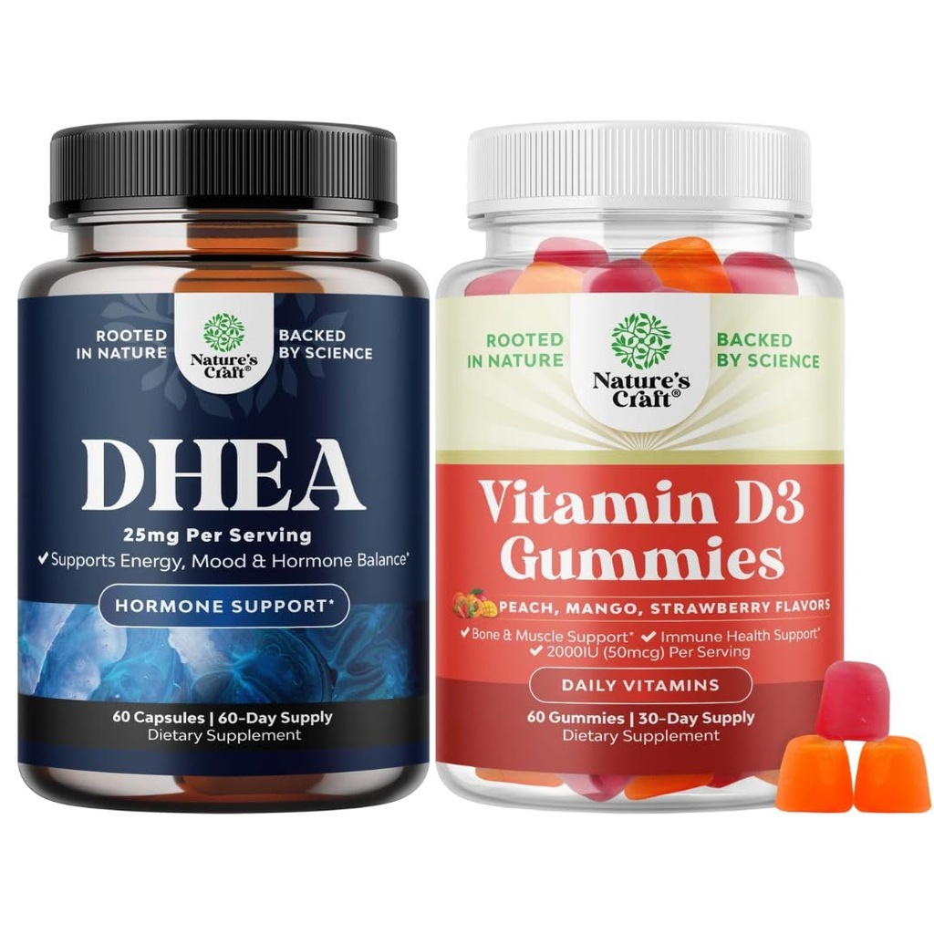Bundle af Pure DHEA 25 mg til kvinder og mænd for immunforsvar og vitamin D3 gummier til daglig wellness for ben muskel & immunforsvar