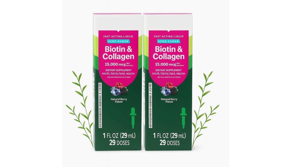 Beauty Support Bundle – Liquid Biotin & Collagen Supplement, 15000 mcg per Serving, Sugar Free, Natural Berry Flavor, Hair Skin & Nails Support, 1 fl oz Bottles, Pack of 2