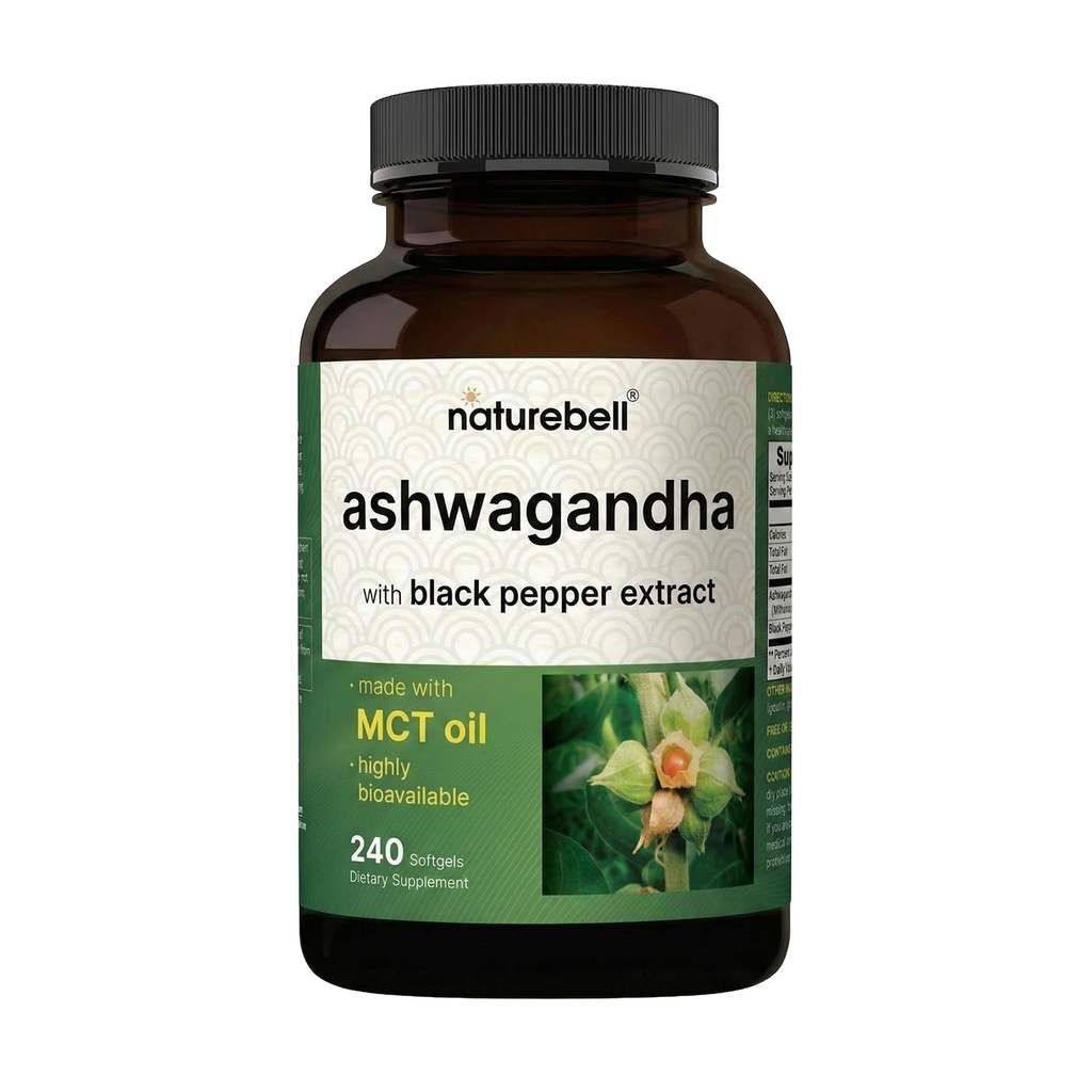 NatureBell Ashwagandha with Black Pepper Extract - 240 Softgels - Made with MCT Oil - Highly Bioavailable