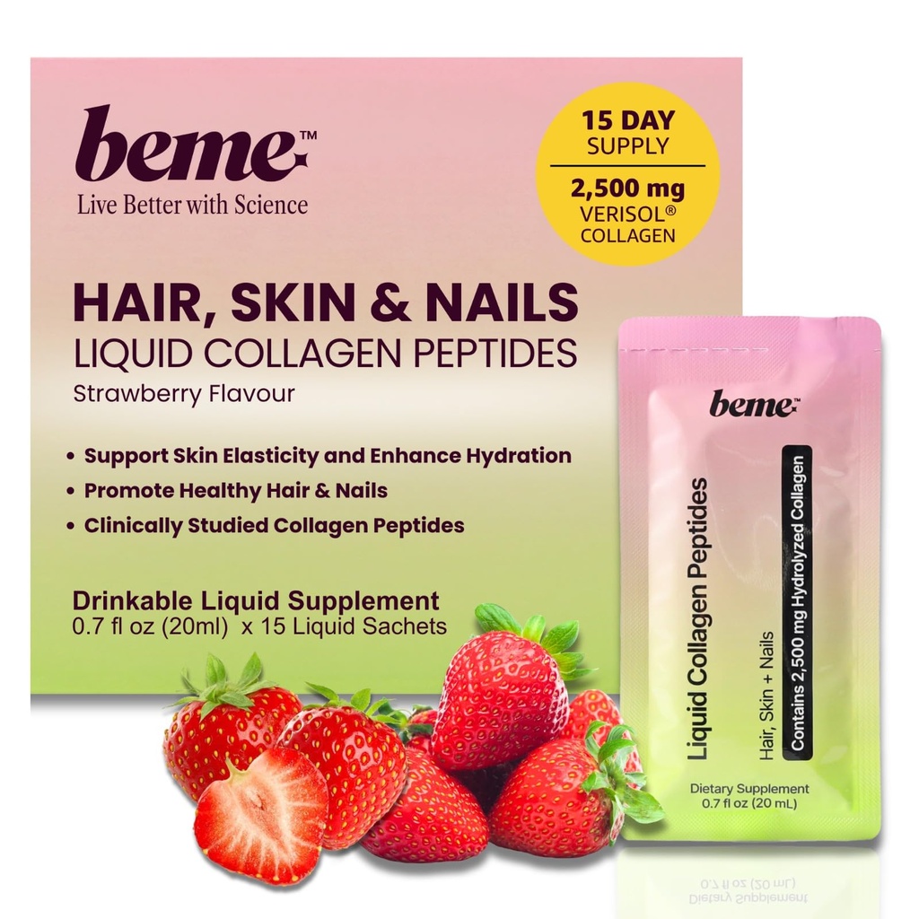 BeMe Glow | Bovine Liquid Collagen for Women | 2,500mg VERISOL Clinical Dose | Biotin, CoQ10 & Vitamin C | Clinically Shown to Reduce Wrinkles 32% | 15 Strawberry Sachets