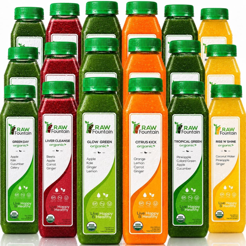 RAW Fountain 3 Day Juice Cleanse, Certified USDA Organic, All Natural Raw Detox Cleanse, Juicing for Body Reset, Cold Pressed Juice Fast, Kosher, Gluten Free, NO Added Sugar, 18 Bottles 12oz