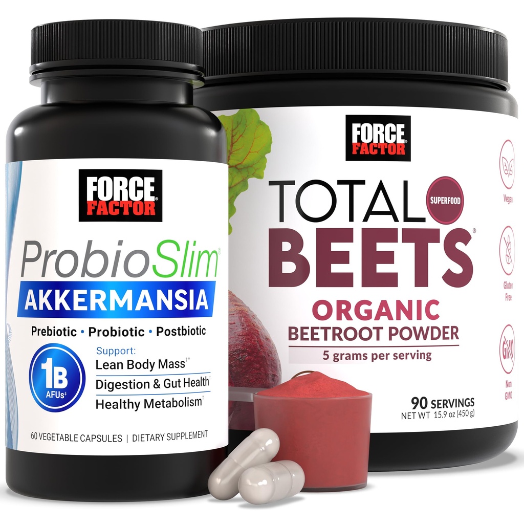 Force Factor ProbioSlim Akkermansia, 60 Capsules Total Beets Organic Beetroot Powder Superfood to Boost Daily Nutrition, USDA Organic,and Non-GMO Beet Supplement, Unflavored, 90 Servings