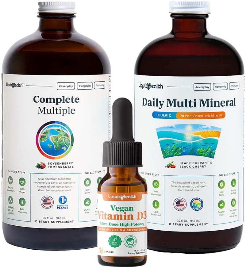 LIQUIDSUNDHED Ultra Immunitet flydende vitamin Bundle for voksne med komplet multivitamin, Daily Multi Minerals og Vegansk vitamin D3 Drops - immunstøtte Vitaminer, hele fødevarer, Vegan, Ikke GMO