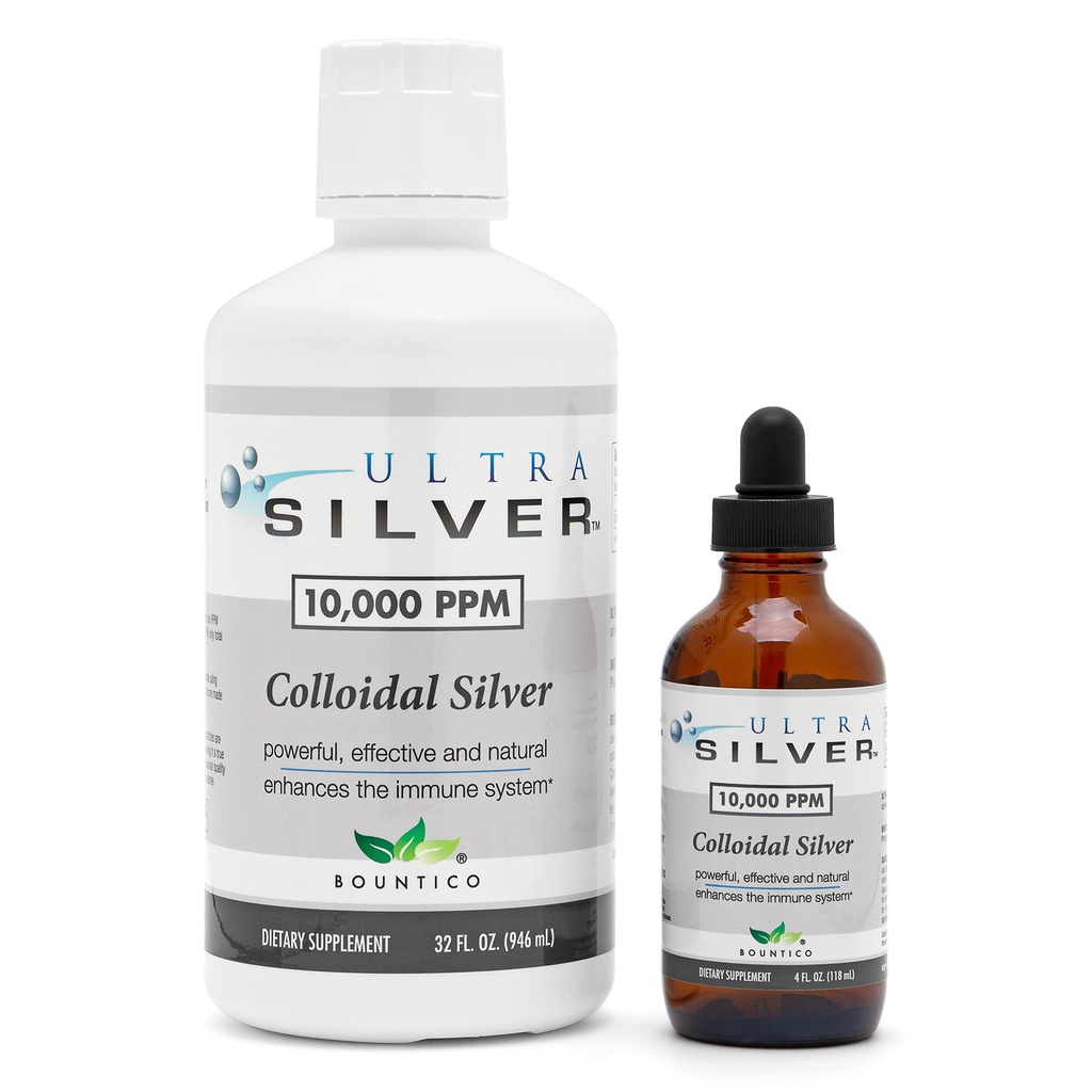 Ultra Silver ® kolloid sølv • 124; 10.000 PPM, 32 Oz (946mL) • 124; Mineral supplement • 124; True kolloid sølv - 4 oz dropper flaske (tom) Inkluderet til dispensering!