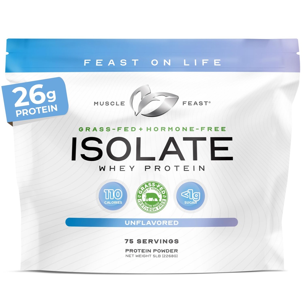 Muskel Feast Grass- Fed Whey Protein Isolate, Alle naturlige Hormone Free Pasture Raised, Whey Isolate Protein Powder for mænd og kvinder, Clean, Non- GMO & Gluten- Free, Isolate Protein - Unflavored, 5lb