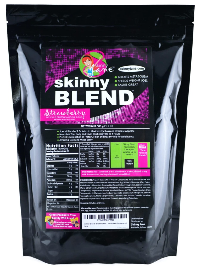 Skinny Blend - Whey Protein Shake Powder for Women - Lav Carb, Keto Friendly Meal Erstatning - Tilfredsstiller Hunger & øger energi - Cremet Jordbær - 30 Shakes