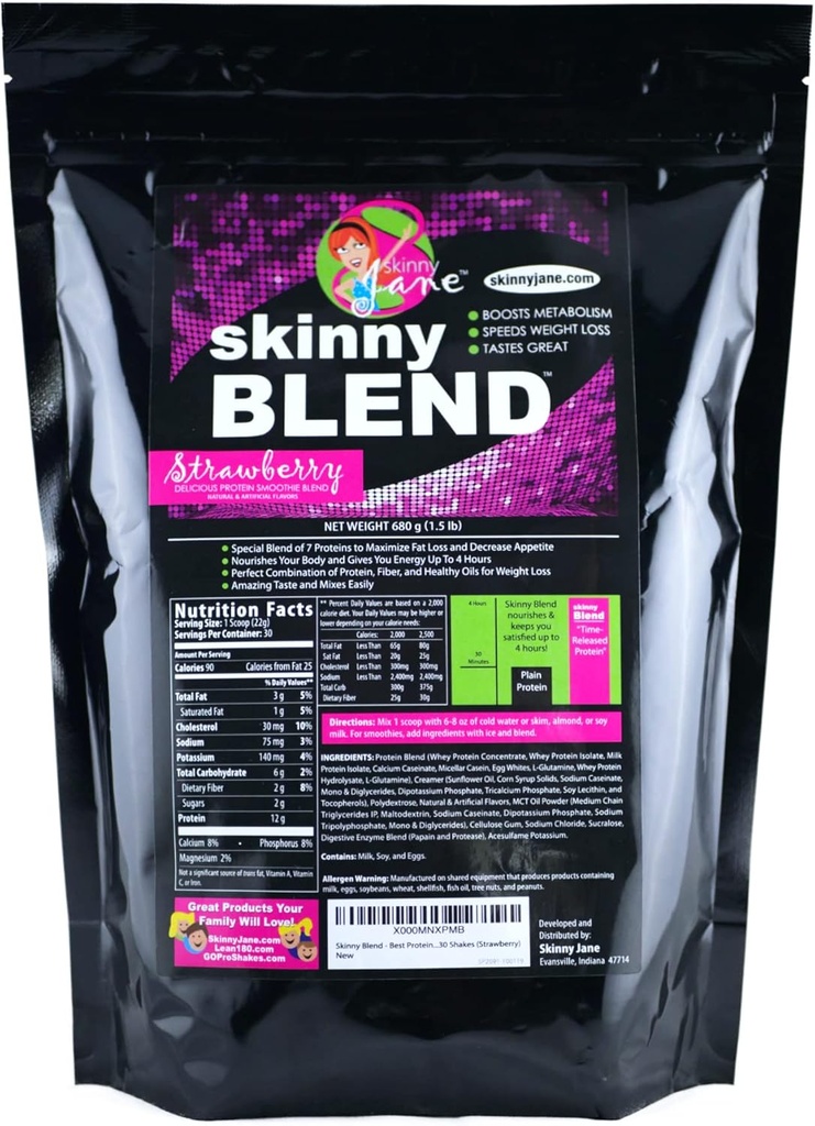 Skinny Blend - Whey Protein Shake Powder for Women - Lav Carb, Keto Friendly Meal Erstatning - Tilfredsstiller Hunger & øger energi - Cremet Jordbær - 30 Shakes