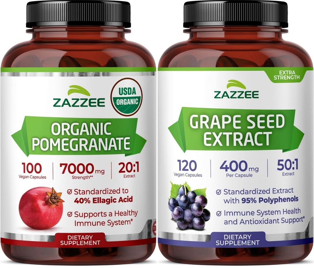 Zazzee USDA Organic Pomegranate Extract & Antioxidant Rich Grape Seed Extract | Polyphenol Anti Aging Bundle | Non-GMO Vegan & ISO Lab Tested