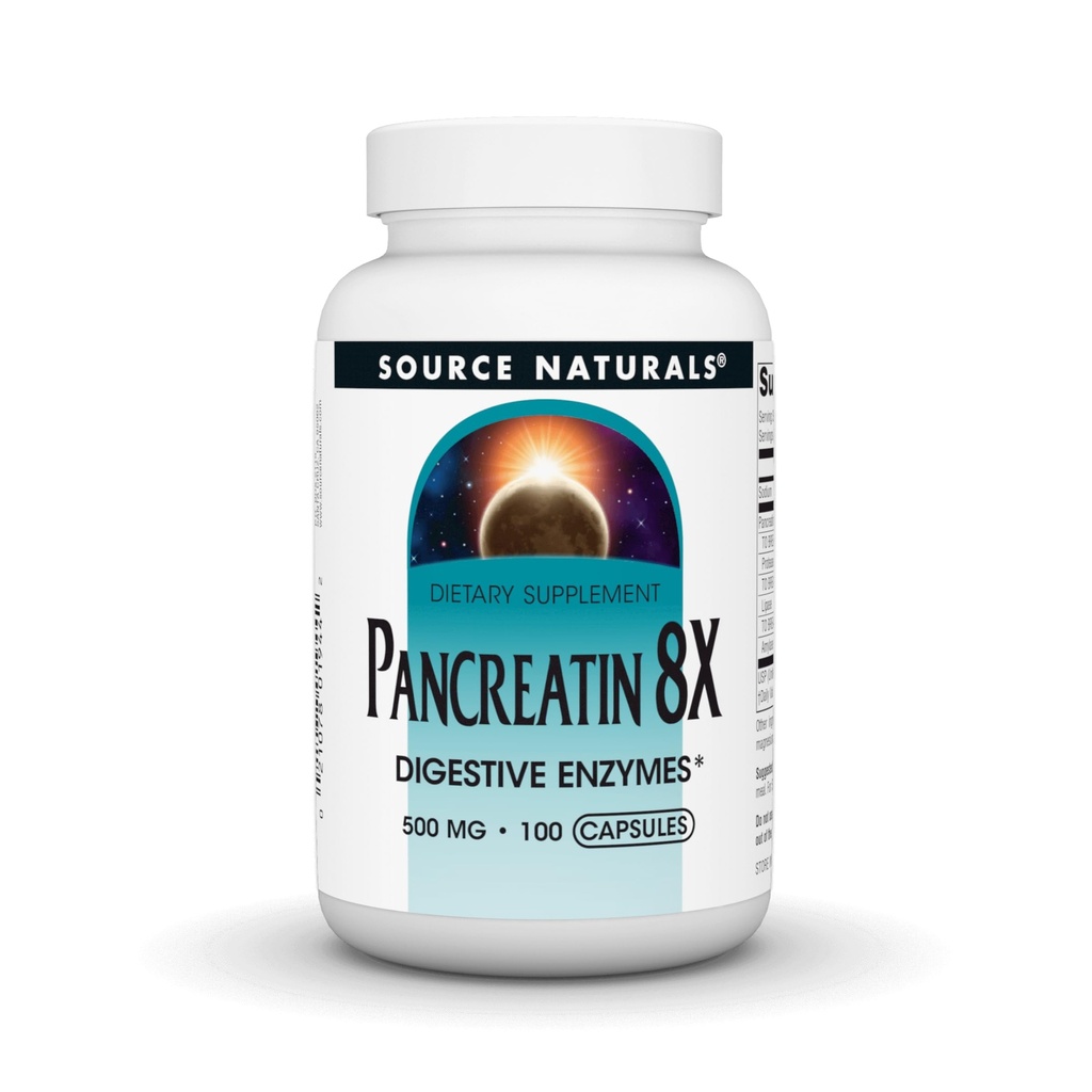 Source Naturals Pancreatin 8X, 500 mg fordøjelsesenzymer - 100 kapsler