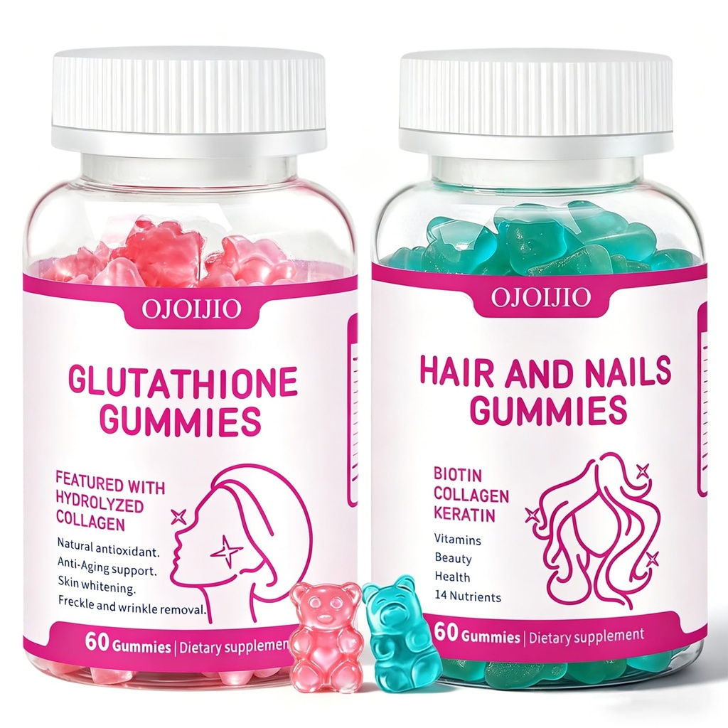 Glutathione 5000mg & Biotin 5000mcg Gummies Bundle with Collagen Keratin, Anti-Aging Skin Brightening Hair Skin Nails Vitamins- 120 Chewable Candies