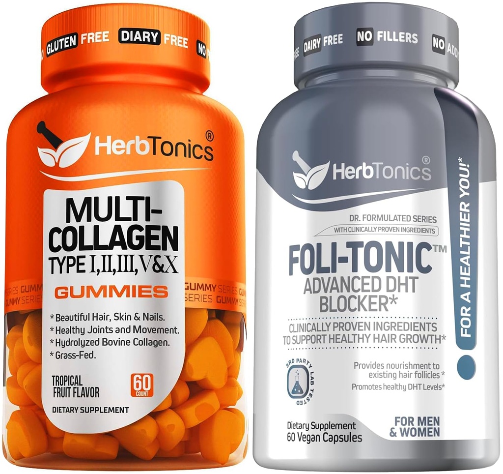 Herbtonics Multi Collagen Gummies Type 1,2,3,5 & 10 with Biotin for Hair Growth, Skin, Nails - Foli-Tonic DHT Blocker & Hair Loss Supplement | Hair Thinning Treatment & Promotes Healthy Thicker Hair