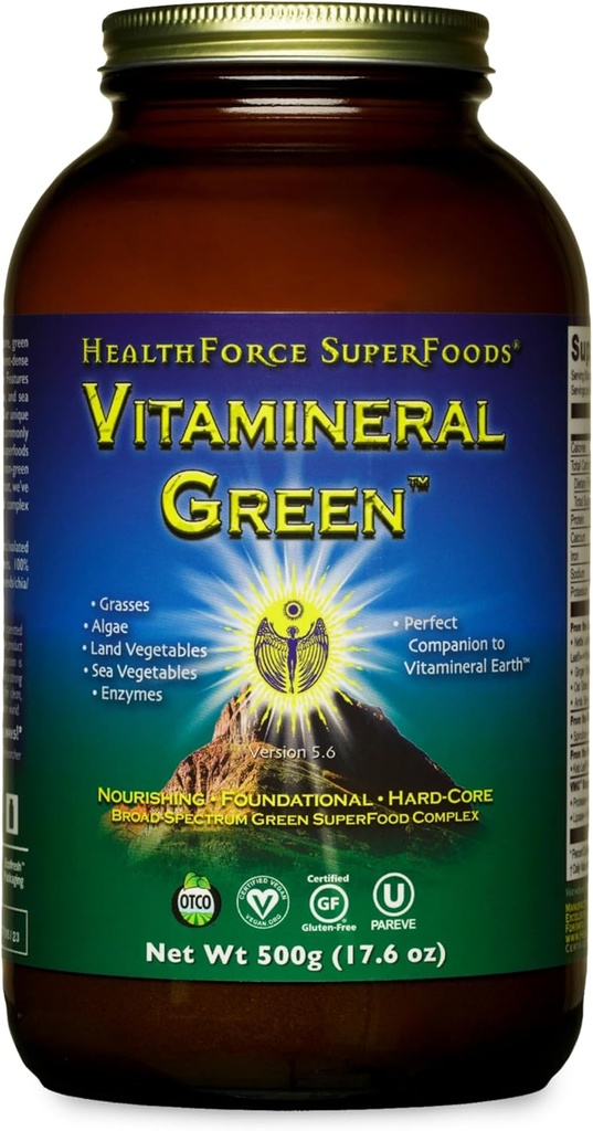 MINIMUM SUPERFODS Vitamin Green - Mineral supplement til immunforsvar og thyreoideastøtte - Grøn pulver supplement med ingredienser fra jorden - Gluten- Free & Vegan - 500 Bedste