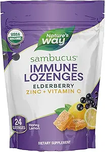 Nature 's Way Sambucus Immunlozenges, Zink, C-vitamin, Elderberry, Immunsupport *, USDA Organic, Honey Lemon Flavor, 24 Lozenges (Packaging May Vary)