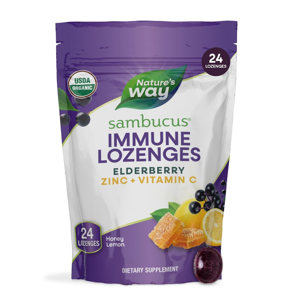 Nature 's Way Sambucus Zink Lozenges med Elderberry og C-vitamin, Honey Lemon Flavor, 24 Lozenges