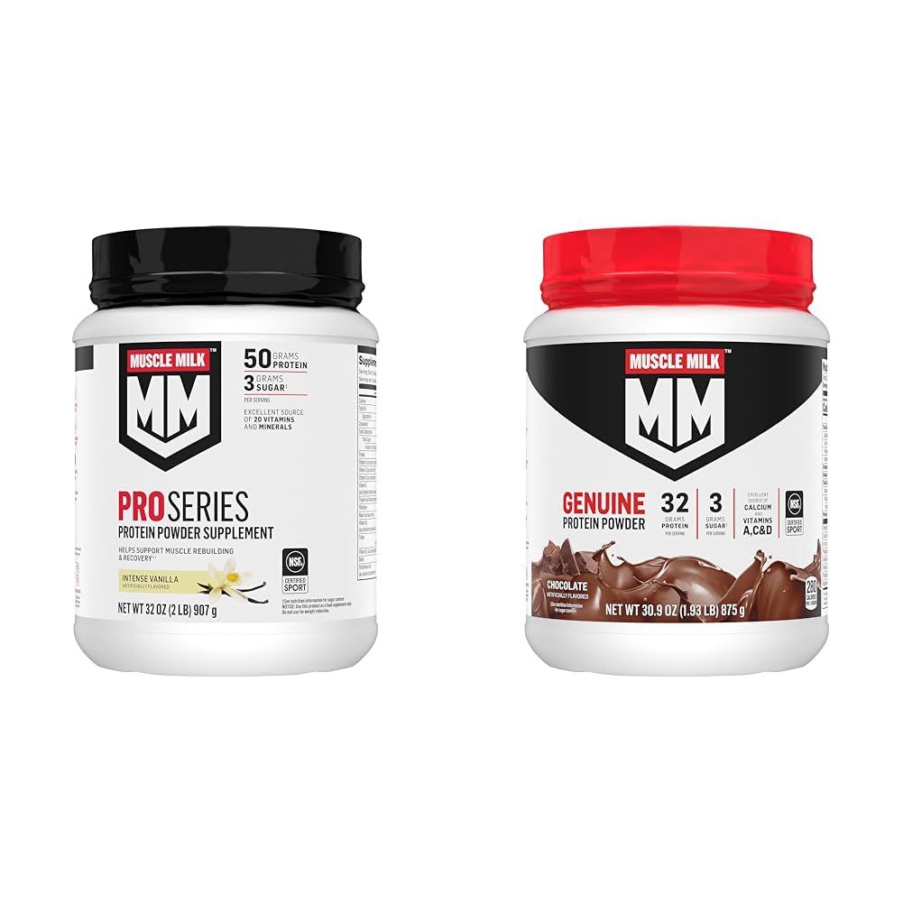 Muscle Milk Pro Series Protein Powder Supplement, Intense Vanilla, 2 Pound, 11 Servings, 50g Protein & Genuine Protein Powder, Chocolate, 1.93 Pounds, 12 Servings, 32g Protein, 3g Sugar